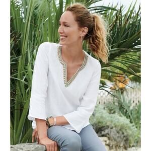 J. Jill Love Linen Womens Pullover Blouse 2X White Embellished V Neck Coastal